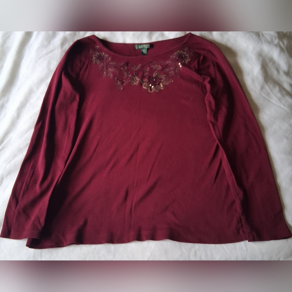 Lauren Ralph Lauren Burgundy Long Sleeve Top with Floral Bead Detail